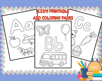 May include: Three 8.5x11 printable ABC coloring pages featuring black and white line art. The pages display letters A, B, and C alongside illustrations of an apple, airplane, ant, butterfly, balloon, bus, cat, carrot, and a cupcake for coloring.