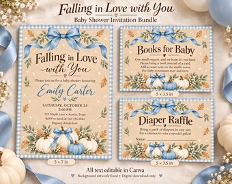 May include: A baby shower invitation bundle featuring a tan background with a blue gingham border, blue ribbons, pumpkins, and autumn leaves. The text reads Falling in Love with You, Books for Baby, and Diaper Raffle, with visible 5x7 and 5x3.5 inch labels.
