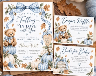 May include: A baby shower invitation set featuring a teddy bear, blue gingham ribbons, pumpkins, and autumn leaves. The text reads A Little Boy Is Falling In Love With You, Diaper Raffle, and Books for Baby, with event details for Alexis West.