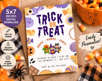 May include: A 5x7 inch digital Halloween party invitation card featuring the text TRICK OR TREAT, MUSIC - GAMES - PARTY, OCTOBER 31, 2028, 8:00 PM, 123 ANYWHERE ST., ANY CITY, and RSVP 372-333-4444, decorated with colorful candy and character illustrations.