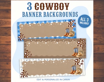 May include: Three rectangular digital banner backgrounds featuring cowboy themes. Each banner displays a central tan area with white stars, accented by leopard print, cowboy boots, a hat, and a lasso. Text reads 3 COWBOY BANNER BACKGROUNDS.