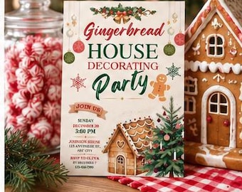 May include: A rectangular party invitation card with the text Gingerbread HOUSE DECORATING Party, featuring illustrations of a gingerbread house, a Christmas tree, snowflakes, and hanging ornaments in red, green, and brown on a cream background.