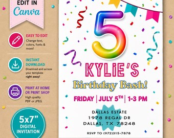 Puede incluir: Una plantilla de invitación de cumpleaños digital con un número 5 grande de colores arcoíris, confeti colorido y banderines. El texto dice: KYLIE'S Birthday Bash! FRIDAY | JULY 5TH | 1-3 PM, DALLAS ESTATE 1978 REGAL DR DALLAS, TX 78248 RSVP TO (972)315-7878.