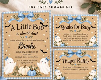 May include: A baby shower stationery set featuring a kraft paper background with blue gingham borders. The designs include illustrations of white ghosts, pumpkins, and blue bows. Text includes A Little Boo Is Almost Due, Books for Baby, and Diaper Raffle.