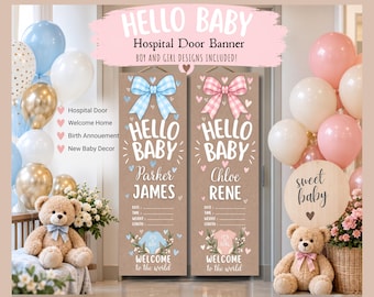 May include: Two vertical rectangular hospital door banners made of brown paper. The left banner features a blue gingham bow, blue hearts, and the text 'HELLO BABY', 'Parker JAMES', and 'WELCOME to the world'. The right banner has a pink gingham bow, pink hearts, and the text 'HELLO BABY', 'Chloe RENE', and 'WELCOME to the world'. Both include fields for date, time, weight, and length.