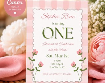 First Birthday Invitation Pink Gingham Editable 5x7 Canva Template Digital Download