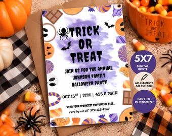 May include: A rectangular Halloween party invitation card featuring a purple watercolor background with black text reading TRICK OR TREAT, JOIN US FOR THE ANNUAL JOHNSON FAMILY HALLOWEEN PARTY, OCT 15TH, 7PM, 455 S MAIN, and RSVP by OCT 10TH 972-123-4567.