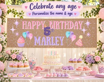 May include: A rectangular birthday banner with a brown speckled background featuring the text HAPPY BIRTHDAY 5TH MARLEY in pink and purple. The design includes illustrations of a cupcake, balloons, a party hat, and star shapes.