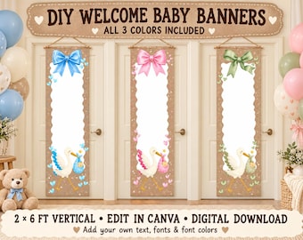 May include: Three vertical DIY welcome baby banners with a brown background, featuring a stork carrying a baby bundle in blue, pink, or green. Each banner has a large matching bow at the top, a scalloped white center, and small heart accents.