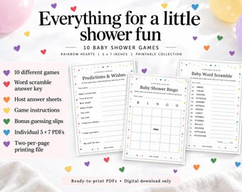 May include: A printable collection of 10 baby shower games featuring rainbow hearts. The set includes 5 by 7 inch cards for Predictions and Wishes, Baby Shower Bingo, and Baby Word Scramble, along with answer keys and instructions for hosting.