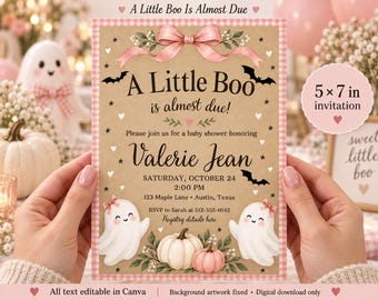 May include: A 5x7 inch baby shower invitation card with a kraft paper background, featuring a pink gingham border, a pink bow, two cute ghosts, and pumpkins. The text reads A Little Boo is almost due, Valerie Jean, Saturday, October 24, 2:00 PM.