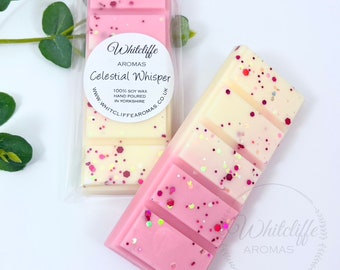 Celestial Whisper Wax Melts, Highly fragranced Soy Wax Snap Bars, hearts, Eco friendly, raspberry, damask rose, woody notes, perfume, angel