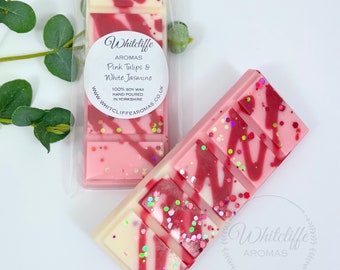 Pink Tulips & White Jasmine, Wax Melts, Snap Bars, hearts, Soy Wax, Eco friendly, highly fragranced, vegan, home decor, floral,hinch,laundry