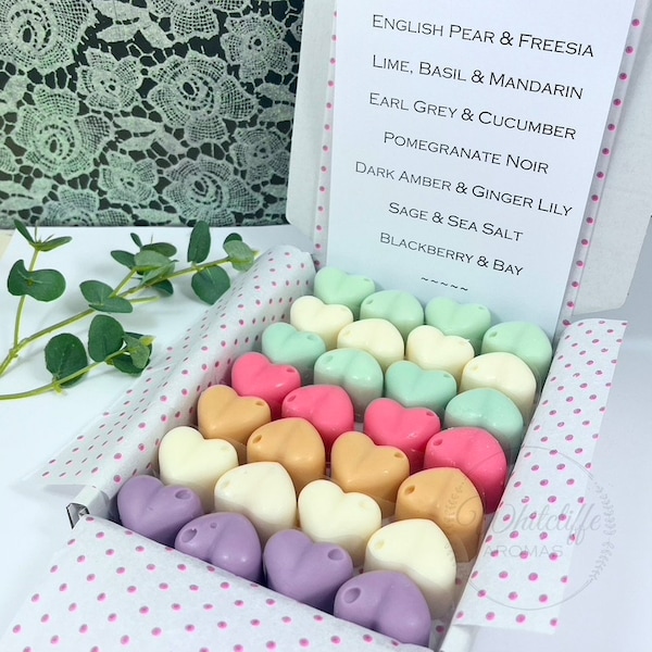 JM Inspired Wax Melt Heart Sample Box, Highly fragranced Heart Wax Melts, Handpoured Soy Wax, Fruity, sweet, Eco friendly,New Home Gift,No 1