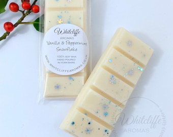 Vanilla & Peppermint Snowflake Wax Melts, Highly Fragranced Soy Wax, Snap Bar, Hearts, Eco friendly,New Home Gift, vegan,handpoured, vanilla