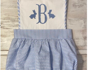 Boys Easter Romper. Bunny design, Bunny with initial. Baby boys Easter outfit
