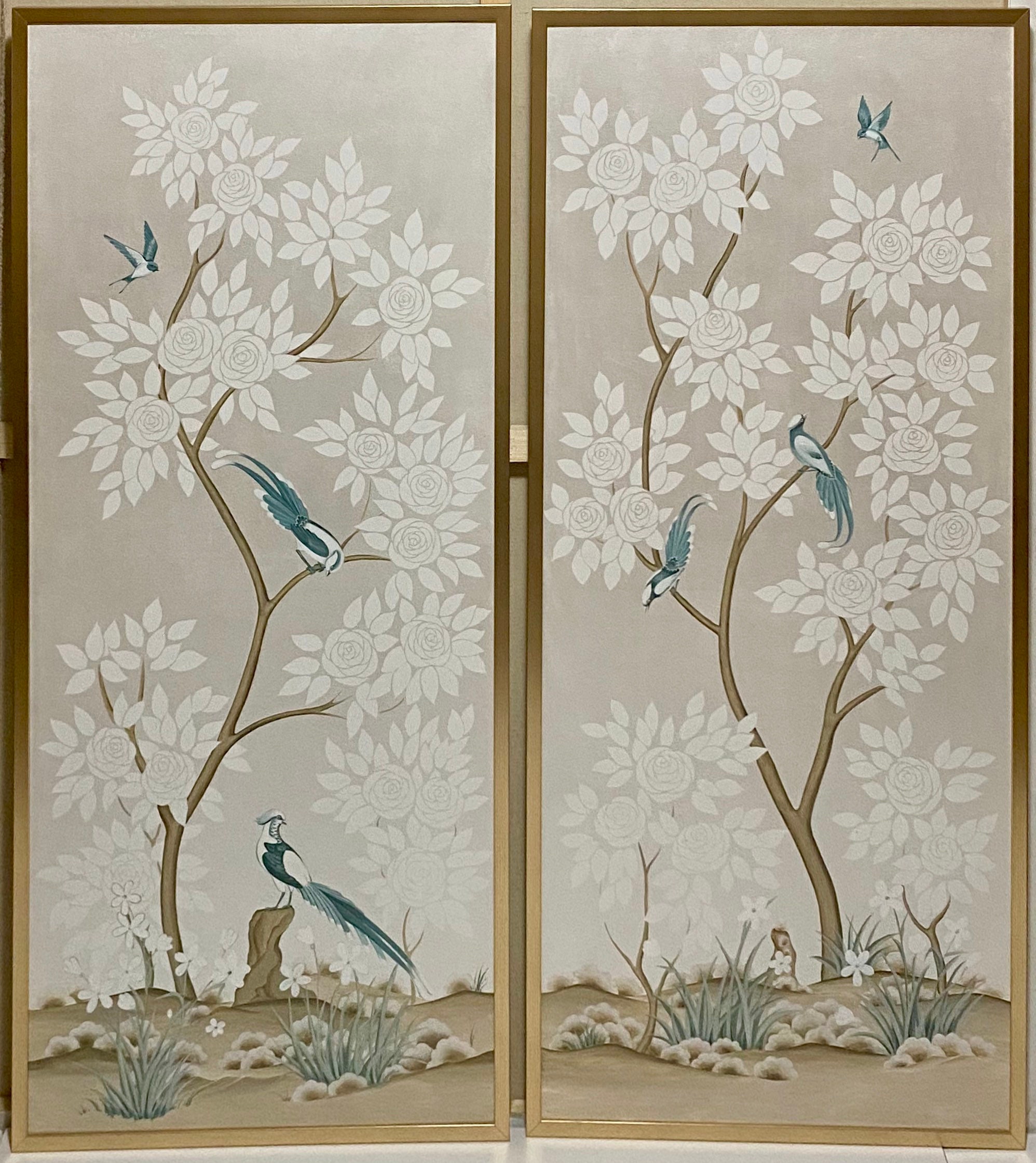Set of 2 Framed Chinoiserie Panels with Silver Background | Etsy