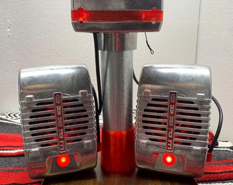 Dual EPRAD Drive In style speaker system wired to illuminated speakers and junction box with red LED's.  Battery powered.