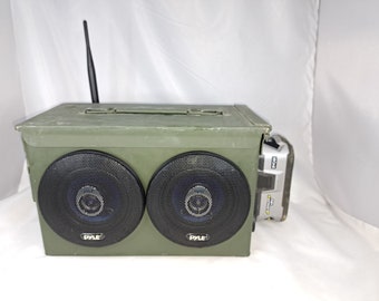 BlueTooth Ammo Can Boombox powered by your Ryobi Battery. 50W+50W amplifier with external antenna provides exceptional range and power.