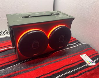 LED BlueTooth Ammo Can battery powered boom box with charger.  Complete assembled audio visual party source!