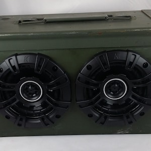 Basic BlueTooth Ammo Can battery powered boom box with charger.  Complete assembled and ready to be your jamn source! Ready to ship