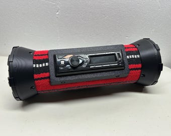 Bedroll Speaker System made  from a 4" sch 40 PVC tube. Includes two 5.25" Kicker speakers. Dual BlueTooth head. Red White and Black Serape.