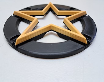 Gold Army Insignia speaker grills with mounting hardware for 4" rear mounted speakers. Black outer mounting ring.