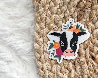 Floral Cow Clear Sticker | Bull Decal, Boho Animal Art, Floral Farm Decor, CuteCalf Laptop Sticker, Farm Animal Theme
