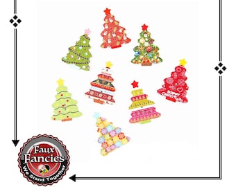 Christmas Tree Wood Buttons: Scrapbook Craft Charms (3 Pcs)