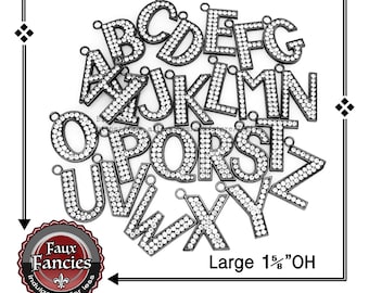 Large Rhinestone Letter Charms: Black Dangle Initial Pendants (1 5/8")