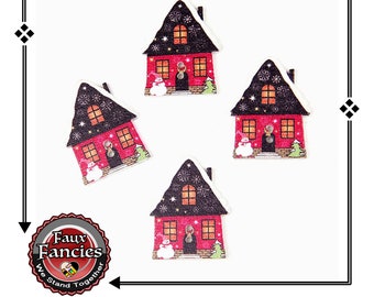 Christmas House Wood Buttons: Holiday Scrapbook Charms (3 Pcs)