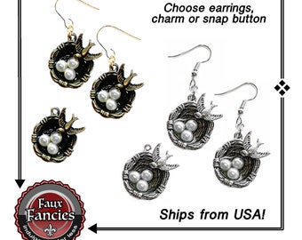 Bird Nest Earrings: Antiqued Silver or Gold Tone Charm