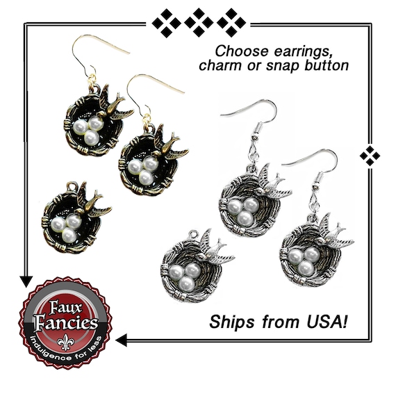 Bird Nest Earrings, Bird Nest Charm, Bird Nest 18mm Snap Button, #GiftForHer, #BirdNest, #BirdNestEarrings, #FauxFancies, #BirdNestCharm