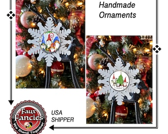 HANDMADE Christmas SNOWFLAKE ORNAMENTs, Gnome ornament, Gnome Christmas ornament, 3" snowflake ornament, #ChristmasOrnament, #GnomeOrnament
