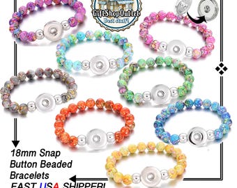Snap Button STRETCH Glass Bracelet, 18mm Beaded Snap Bracelet, Adjustable Snap Bracelet,  #SnapJewelry, #SnapBracelet, #StretchBracelet