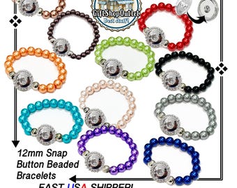 12mm Beaded Snap Button Stretch Bracelet: Interchangeable 12 mm Snap Jewelry, Small Size