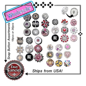 May include: Assortment of 18 or 36 snap buttons featuring a variety of designs, including owls, flowers, hearts, and geometric shapes. The buttons are embellished with rhinestones and crystals in shades of red, pink, white, black, and gold. The text "Wholesale" and "Faux Fancies" is visible in the image.