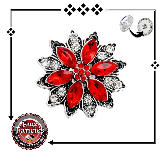 FLOWER Snap Buttons, Red Flower Ginger Snaps, 18mm Snap Charms, #SnapButtons, Rhinestone Snaps, Snap Snap, #FlowerCharm