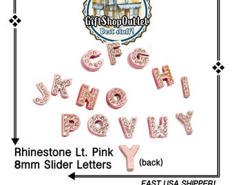 CLOSEOUT! LIGHT PINK 8mm Rhinestone Slide Letters, Colored Slide Letters, Alphabet Charm, #SlideLetters, Rhinestone Letter, Bracelet Letters