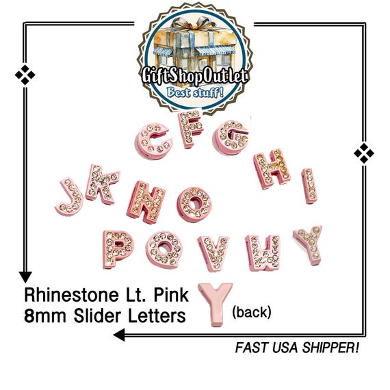 CLOSEOUT! LIGHT PINK 8mm Rhinestone Slide Letters, Colored Slide Letters, Alphabet Charm, #SlideLetters, Rhinestone Letter, Bracelet Letters