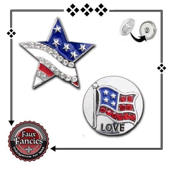 Snap Buttons, Ginger Snaps, BEAUTIFUL Americana 18mm Snap Charms, Changeable Snap, Rhinestone Snaps, #FlagSnapButton, #USACharm, #FlagCharm