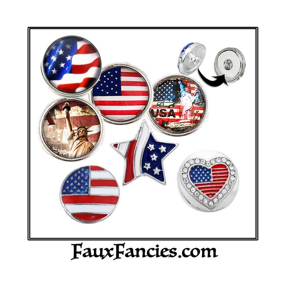 Flag Snap Buttons, AMERICANA, USA Jewelry, 4th of July, Americana Snap Buttons, Changeable Snap, Rhinestone Snaps, #July4Snap, #USACharms,