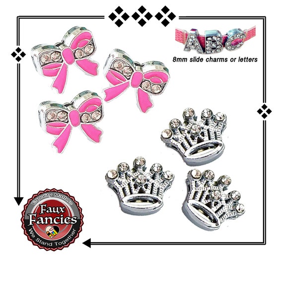 8mm Slider Charms, Slide charm, Crown or Bow Slide charm, Gift for Girls, 8mm Charms, Jewelry Gift, #SlideCharms, #Gift for her