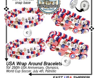 USA Wrap Around Bracelet for 250th USA Anniversary, July 4 bracelet, World Cup Soccer, Olympics, Patriotism; #USABracelet,#PatrioticBracelet