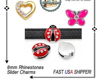 Rhinestone 8mm Slider Charms, Slider Ladybug Charm, Heart charm, Butterfly Slider Charm, Heart Slide Charm,  #Gift for her