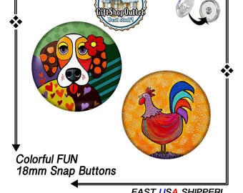 COLORFUL SNAP Buttons, BeautiFul 18mm Ginger Snaps, Rooster Charm, Dog Snap Button, Dog Charm