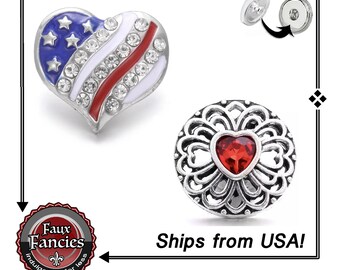 USA HEART Snap button, 18mm Red Rhinestone Heart Snap Button, America Snap, USA Snap Button, #HeartSnap, #ValentinesDayCharm, #USASnapButton