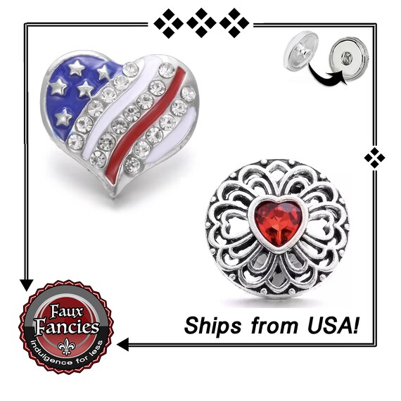 USA HEART Snap button, 18mm Red Rhinestone Heart Snap Button, America Snap, USA Snap Button, #HeartSnap, #ValentinesDayCharm, #USASnapButton