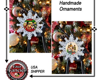 HANDMADE Christmas SNOWFLAKE ORNAMENTs, Nutcracker ornament, Bear ornament, 3" snowflake ornament, #ChristmasOrnament, #NutcrackerOrnament