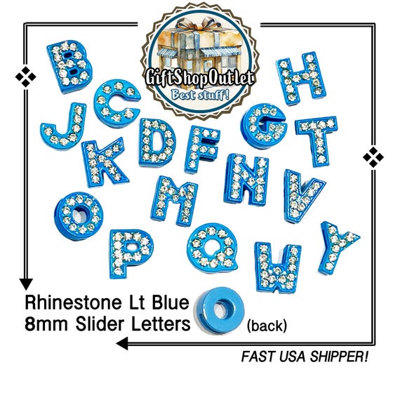 CLOSEOUT! LIGHT BLUE 8mm Rhinestone Slide Letters, Colored Slide Letter, Alphabet Charm, #SlideLetters, Rhinestone Letters, Bracelet Letters